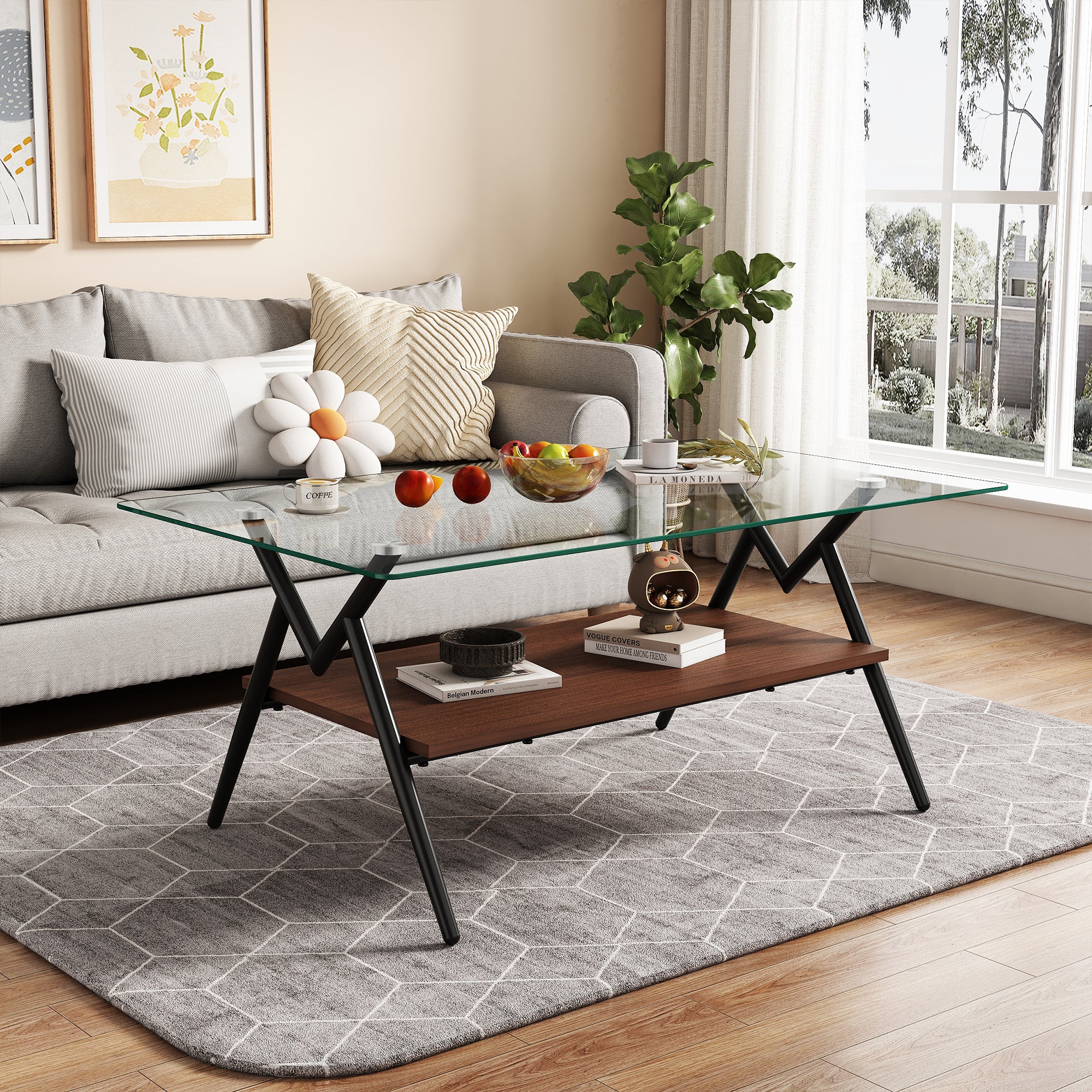 38’’ Glass Coffee Table, Paproos Rectangle Coffee Table with Storage, Modern Small Coffee Table with Metal Legs, Center Table Tea Table for Living Room, Brown & Black