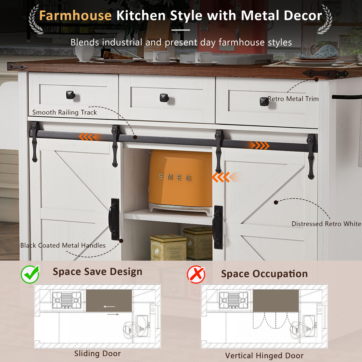 Kitchen Island with Storage, PAPROOS 54" Rolling Kitchen Cart with Drop Leaf, Farmhouse Kitchen Island Cart with Sliding Door, Charging Station, Adjustable Shelf for Kitchen Dining Room