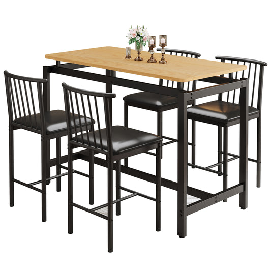 Counter Height Dining Set for 4, 5 Piece Dining Room Set with 4 Stools, Modern Dinette Set for 4, Pub Dining Table & Chairs Set for 4 Persons, Bar Dining Room Set for Small Spaces, Brown