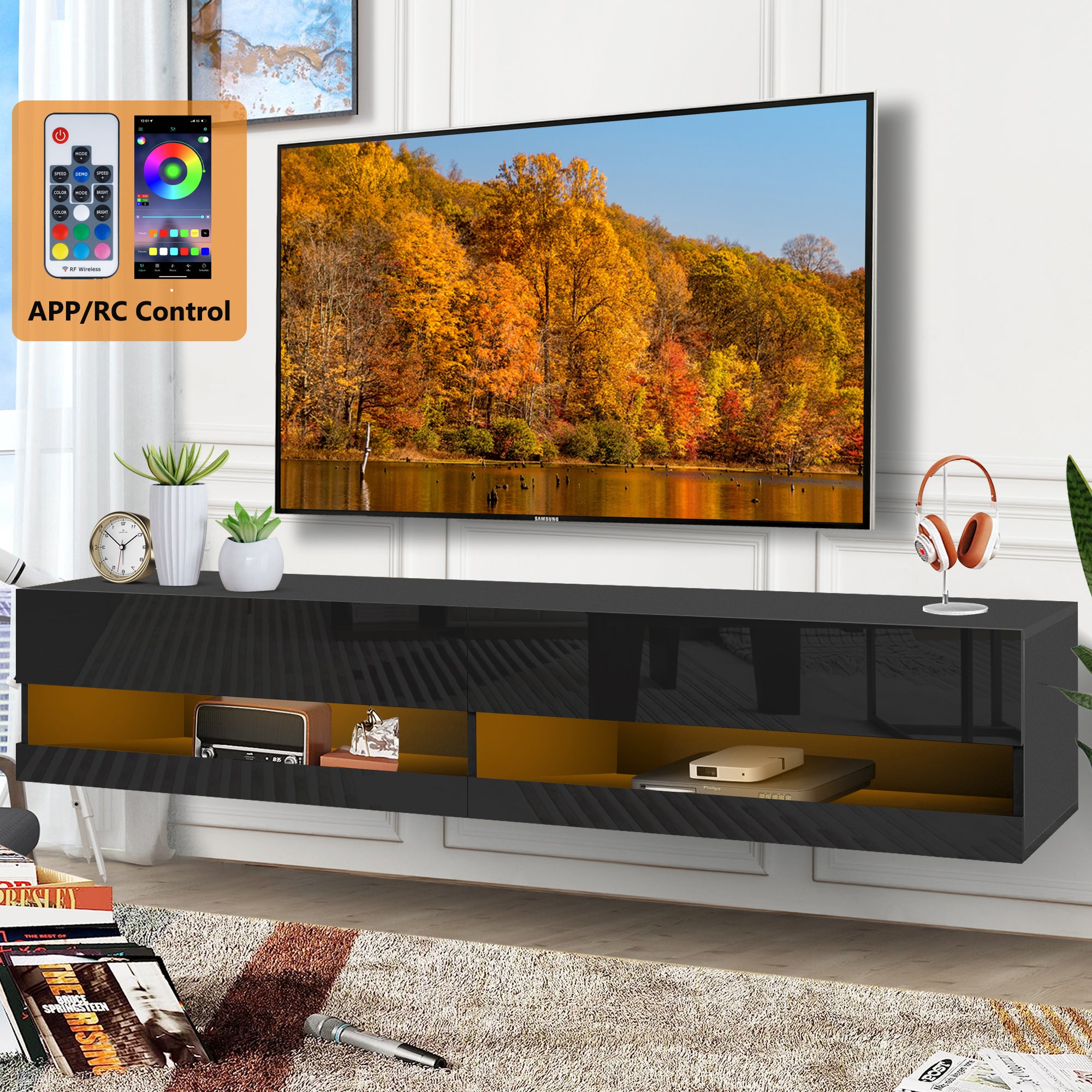 TV Stand for 80 inch TVs, Paproos 71in Long LED Floating TV Stand, High Gloss Floating Entertainment Center with APP/Remote Control, Media Console Cabinet Living Room, Black
