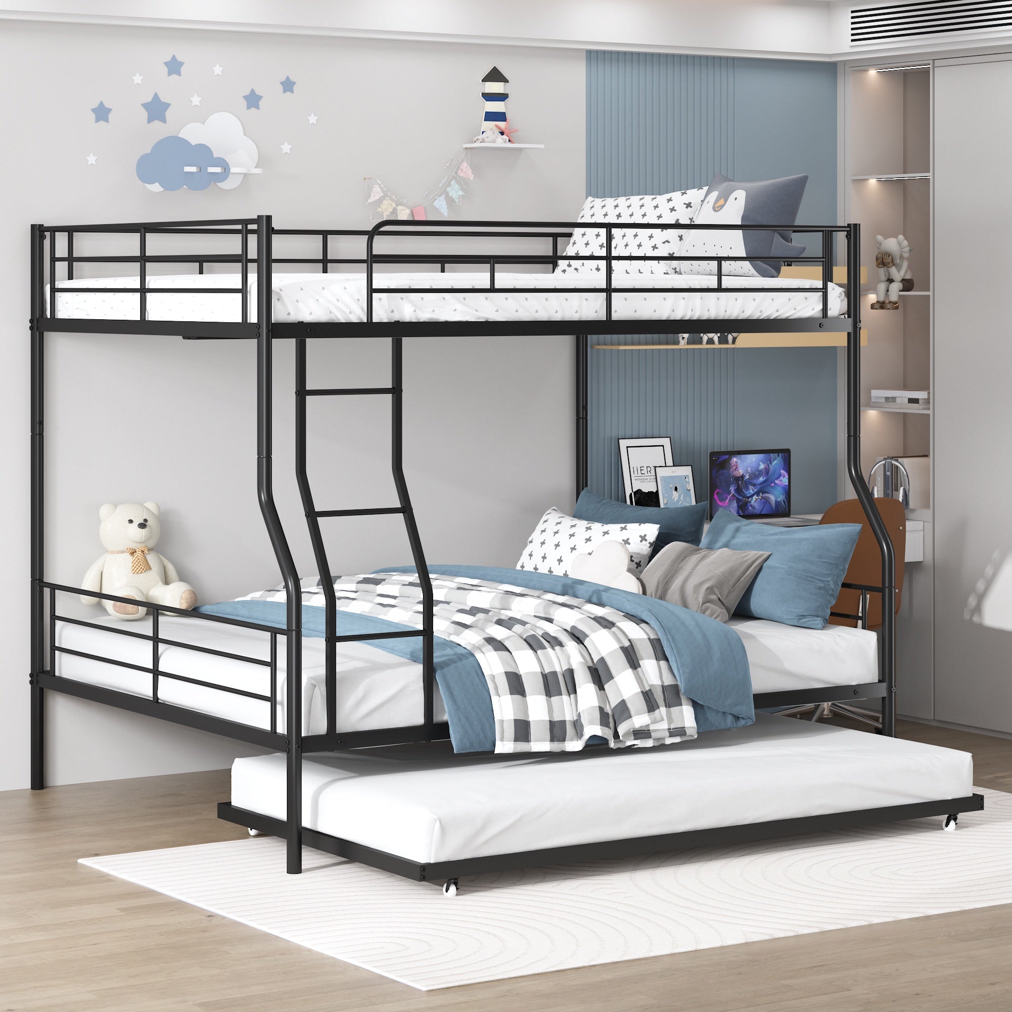 Paproos Full Over Full Bunk Bed with Trundle, Convertible Metal Platform Bed with Ladder and Full-Length Guardrail, Black