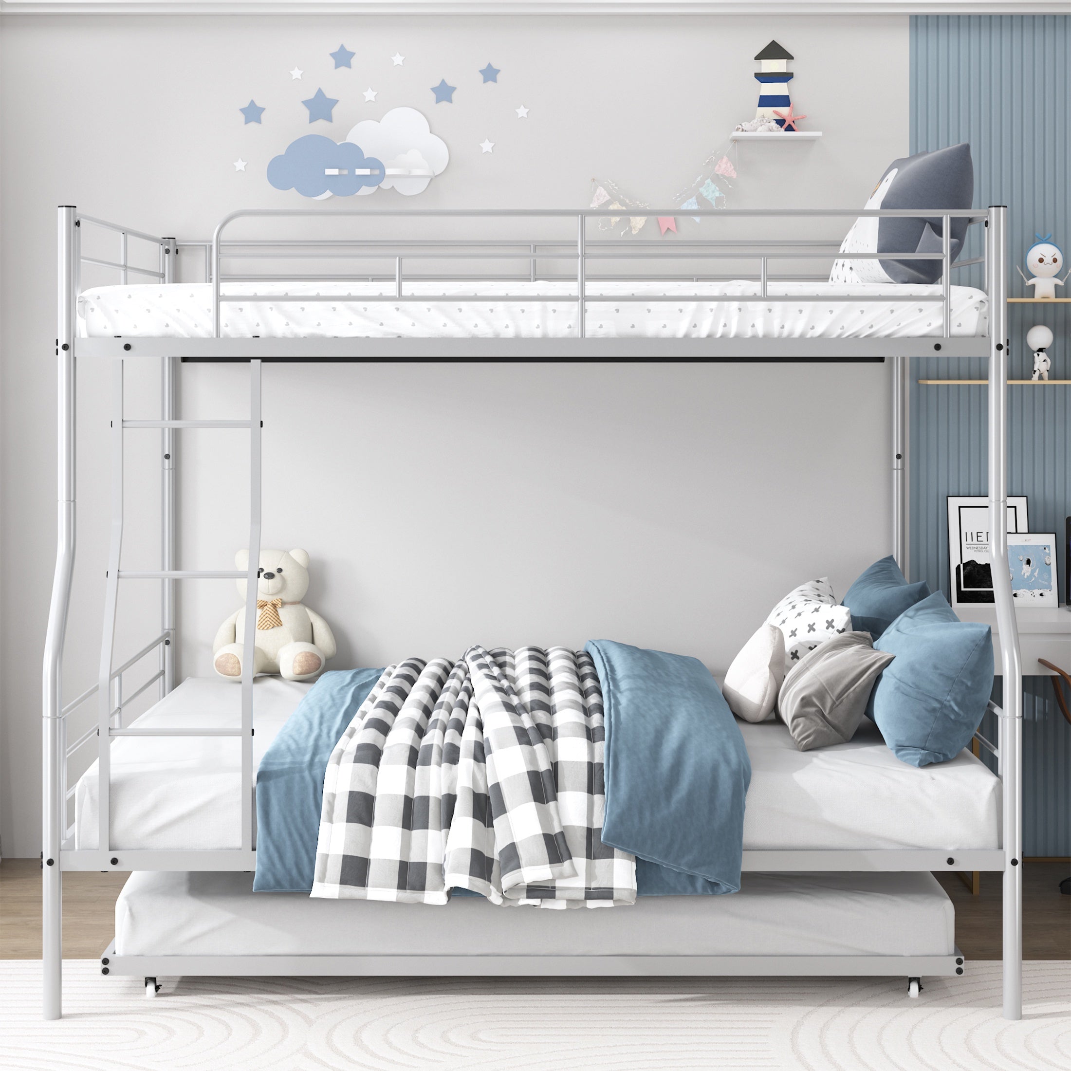 Paproos Full Over Full Bunk Bed with Trundle, Convertible Metal Platform Bed with Ladder and Full-Length Guardrail, Black
