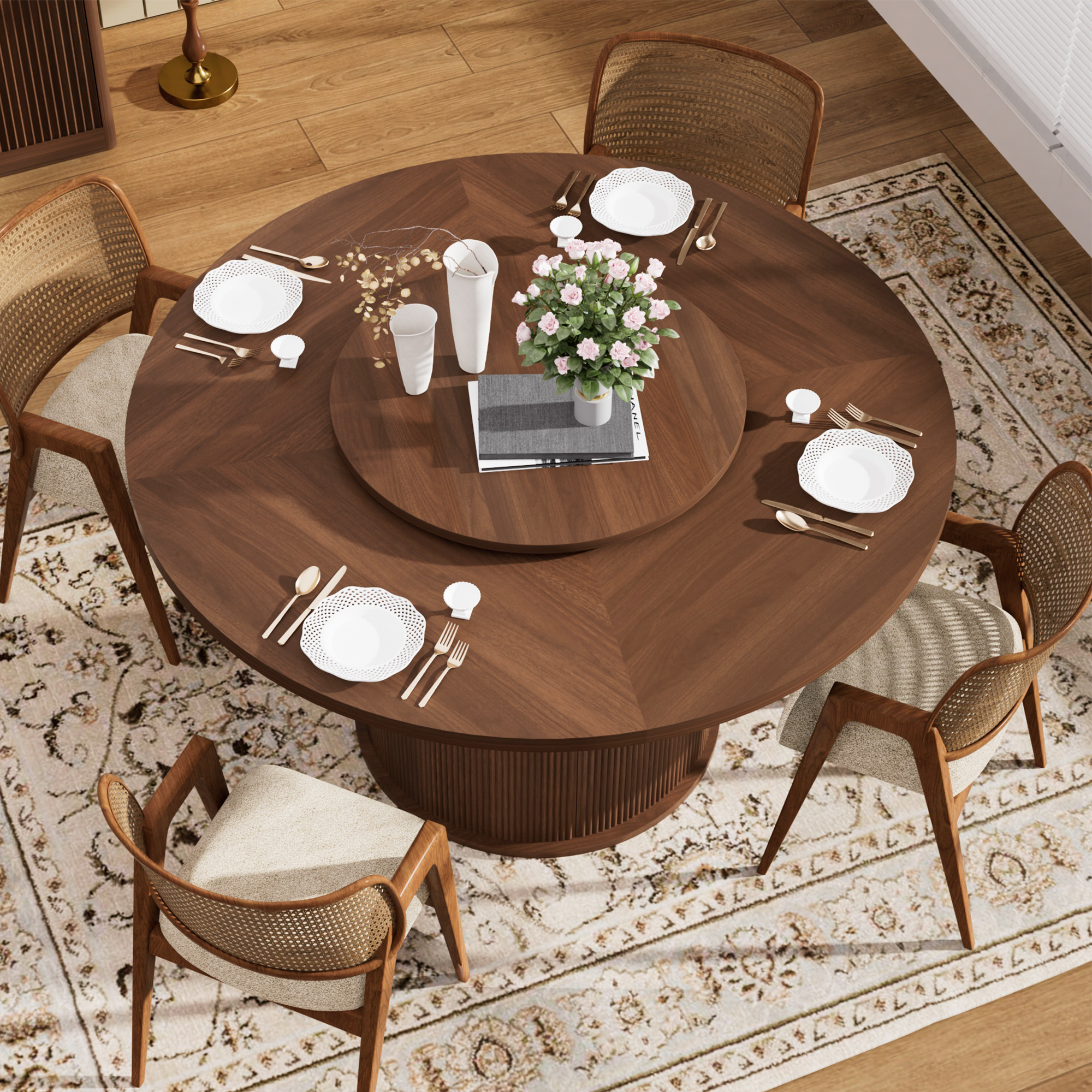 Round Dining Table for 4-6, Paproos 55’’ Kitchen Table with Rotating Tabletop Tray, Dining Room Table with 2-Tier Storage Rack and Sliding Door, Wooden Turntable Dinner Table, Walnut(Only Table)