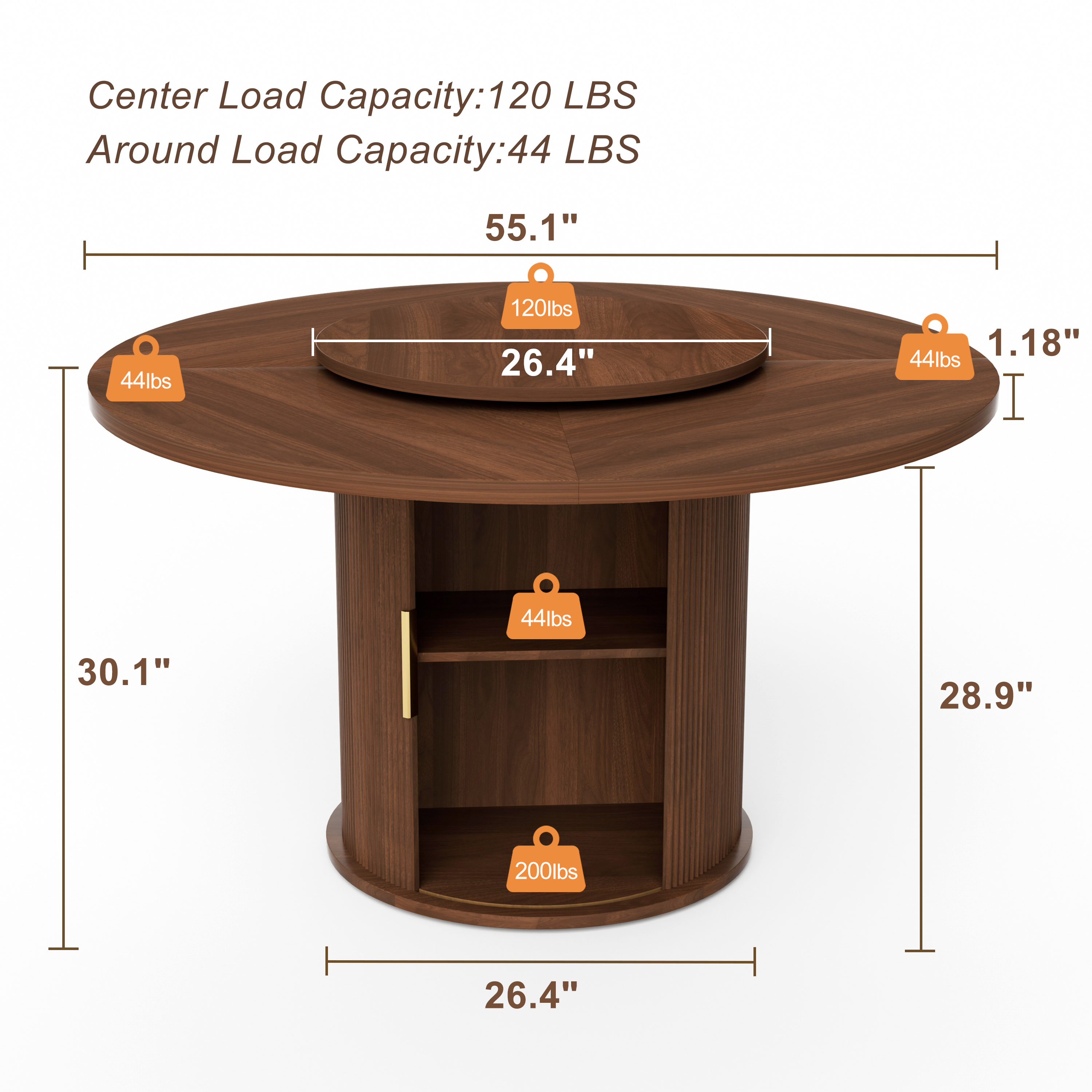 Round Dining Table for 4-6, Paproos 55’’ Kitchen Table with Rotating Tabletop Tray, Dining Room Table with 2-Tier Storage Rack and Sliding Door, Wooden Turntable Dinner Table, Walnut(Only Table)