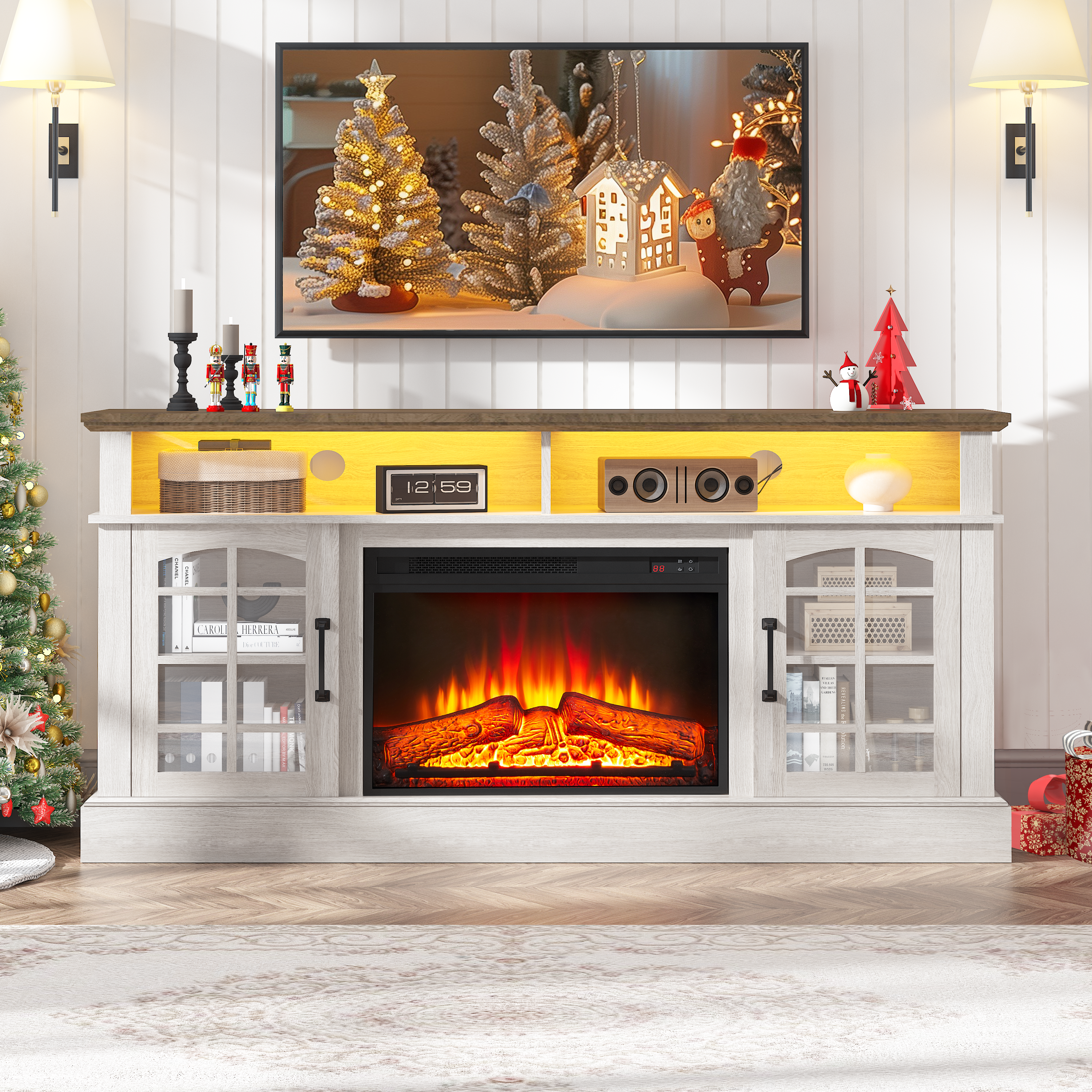 Fireplace TV Stand, TV Stand for 65 Inch TVs with Electric Fireplace, Entertainment Center Television Table for Living Room, with Remote Control Fireplace, Brown