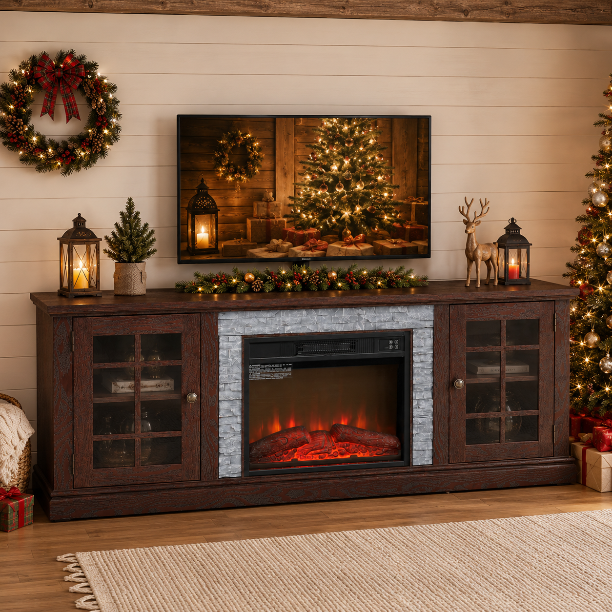 PAPROOS 70" Fireplace TV Stand for TVs up to 75", Farmhouse Entertainment Center with 23" Electric Fireplace, Faux Stone Media Console with Glass Doors and Adjustable Shelves, Cherry