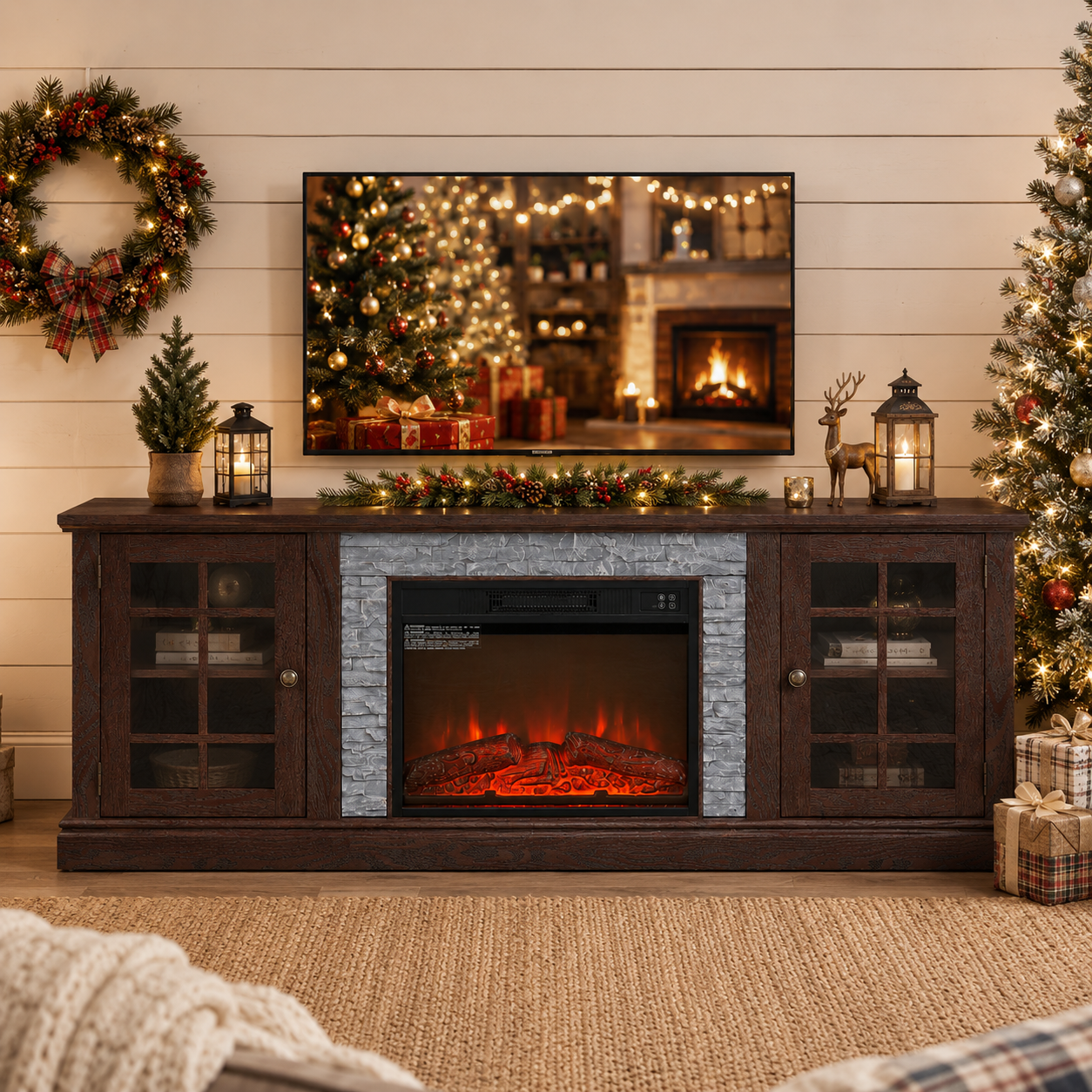 PAPROOS 70" Fireplace TV Stand for TVs up to 75", Farmhouse Entertainment Center with 23" Electric Fireplace, Faux Stone Media Console with Glass Doors and Adjustable Shelves, Cherry