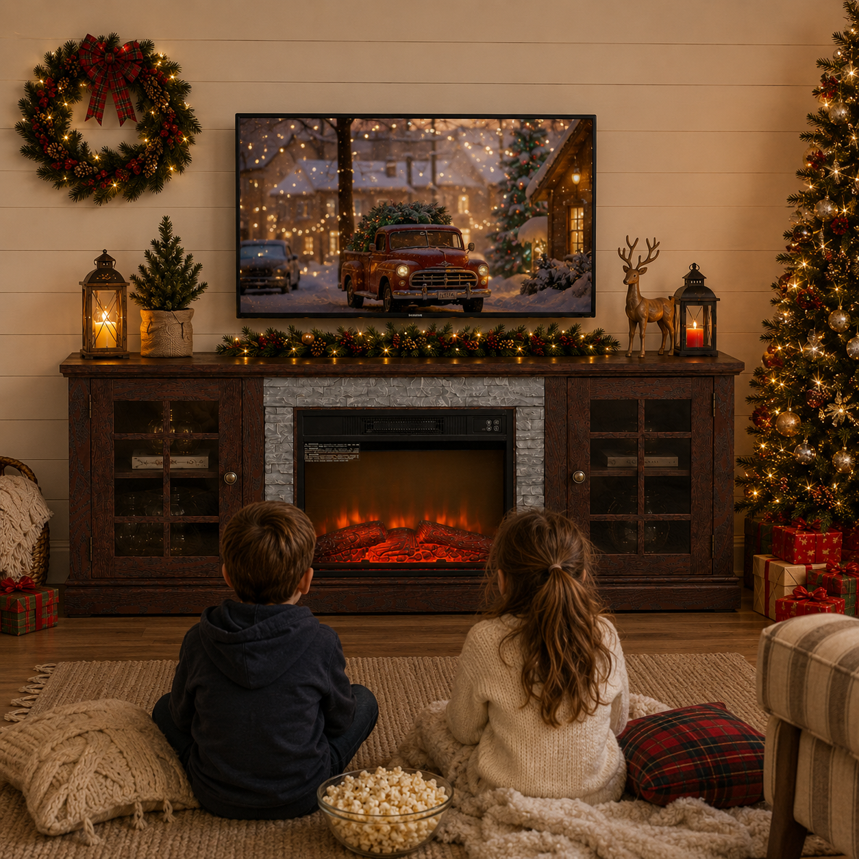 PAPROOS 70" Fireplace TV Stand for TVs up to 75", Farmhouse Entertainment Center with 23" Electric Fireplace, Faux Stone Media Console with Glass Doors and Adjustable Shelves, Cherry
