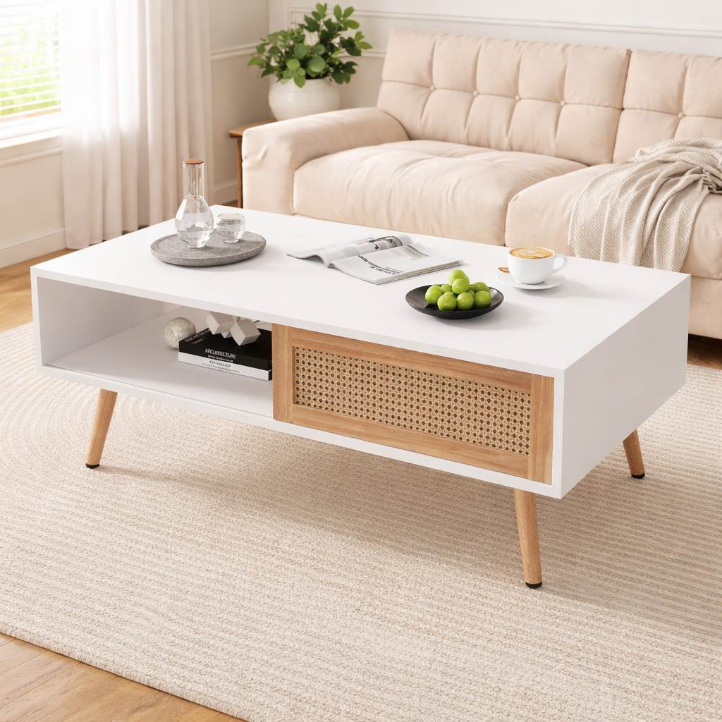 PAPROOS Rattan Coffee Table with Sliding Storage Door