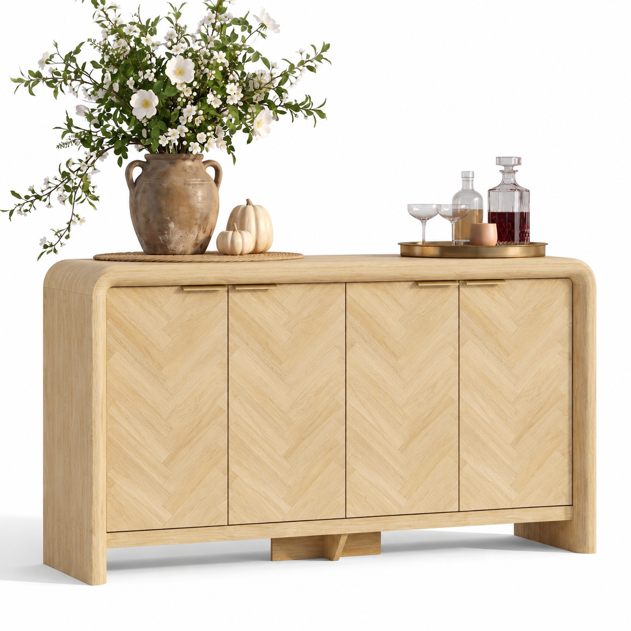 PAPROOS 55" Sideboard Buffet Cabinet with Storage, 4-Door Herringbone Wood Credenza with Adjustable Shelves, Walnut Accent Cabinet for Dining Room, Living Room, Entryway