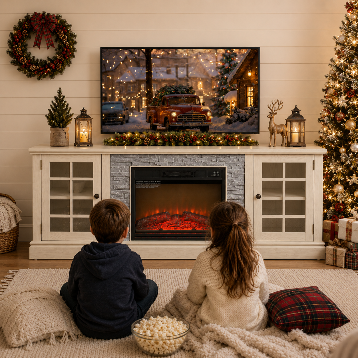 PAPROOS 70" Fireplace TV Stand for TVs up to 75", Farmhouse Entertainment Center with 23" Electric Fireplace, Faux Stone Media Console with Glass Doors and Adjustable Shelves, Cherry