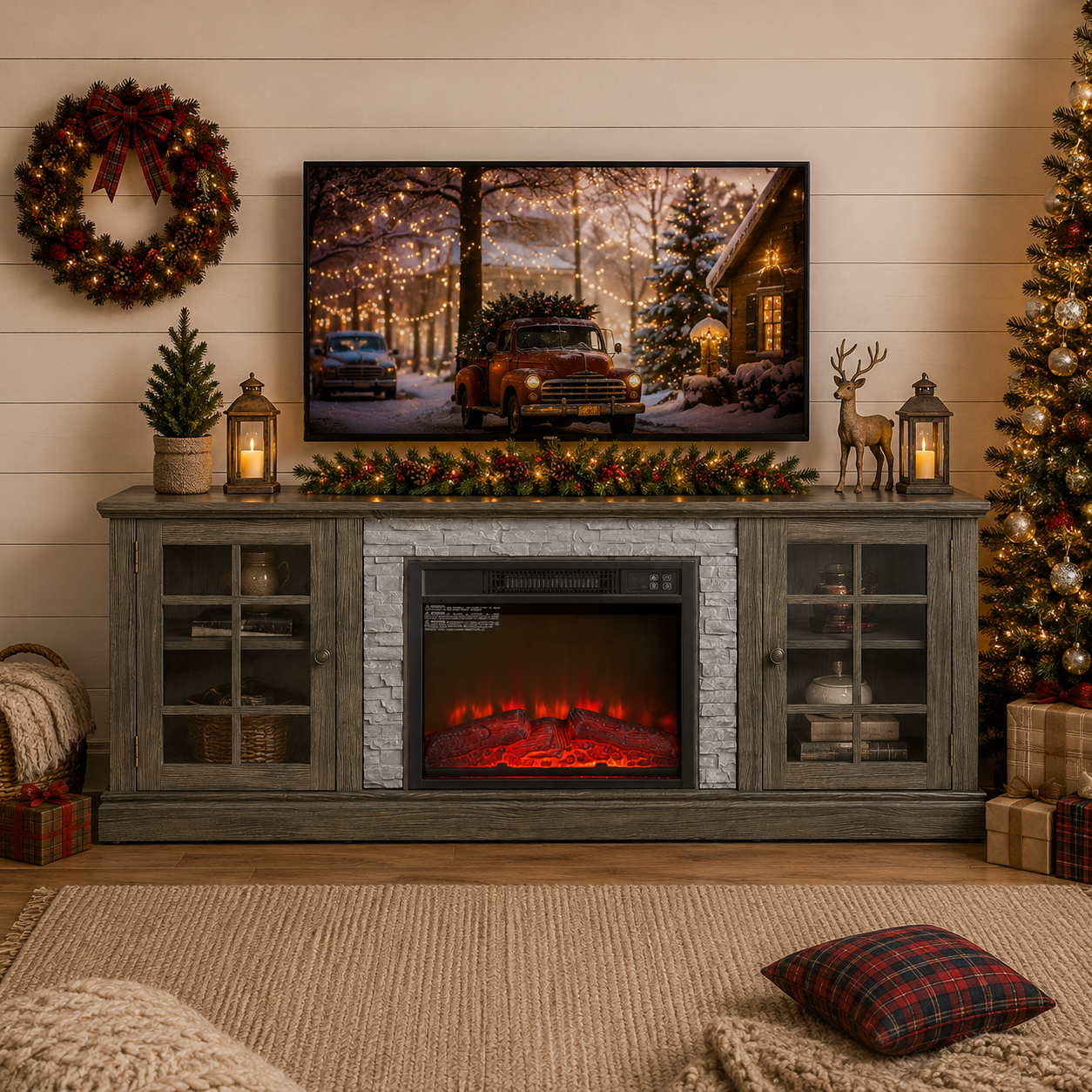 PAPROOS 70" Fireplace TV Stand for TVs up to 75", Farmhouse Entertainment Center with 23" Electric Fireplace, Faux Stone Media Console with Glass Doors and Adjustable Shelves, Cherry