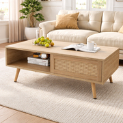 PAPROOS Rattan Coffee Table with Sliding Storage Door
