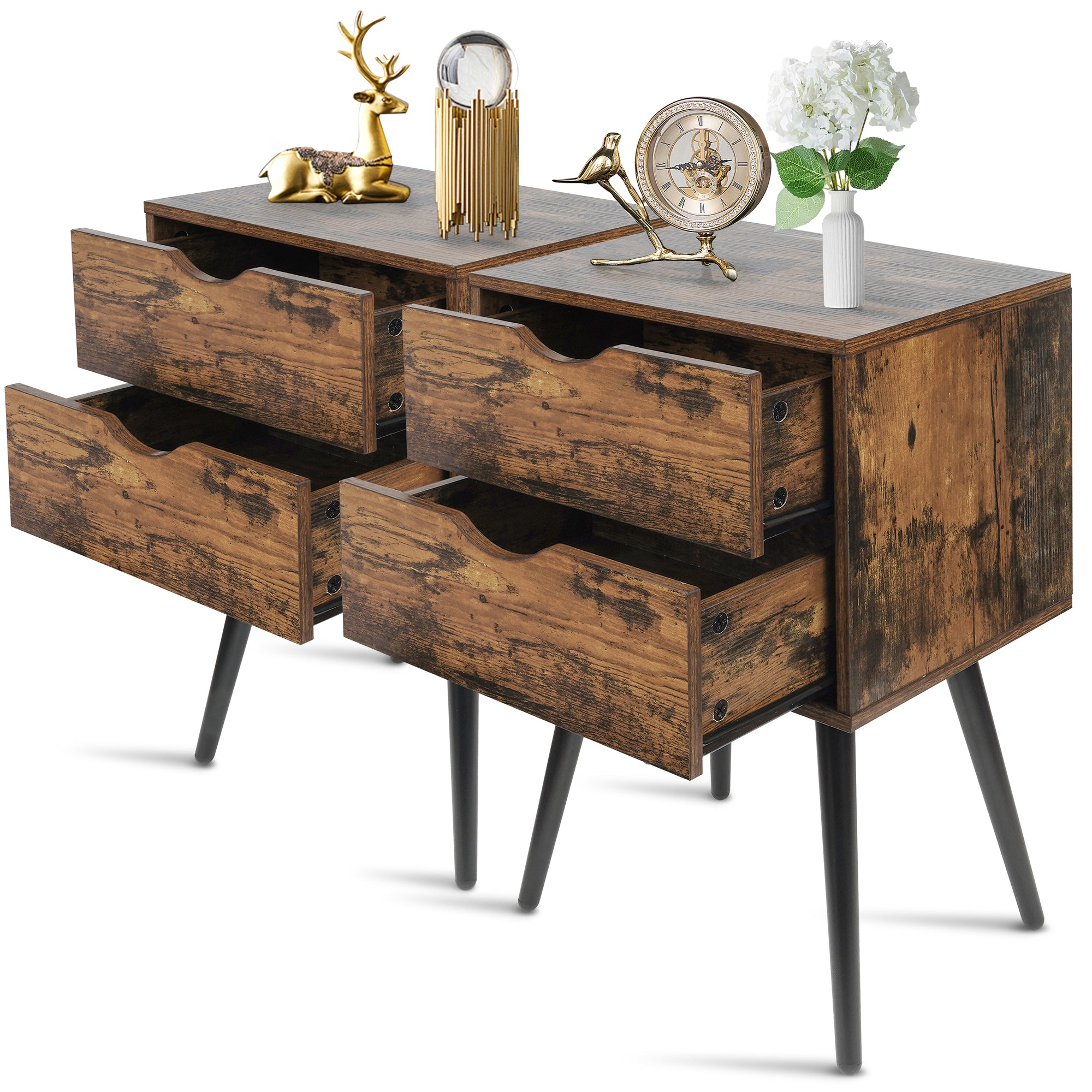 Nightstands Set of 2, Bedroom Bedside Table with 2 Drawers Storage, Country Style Night End Table with Large Storage Space, Suitable for Living Room Bedroom, Rustic Brown