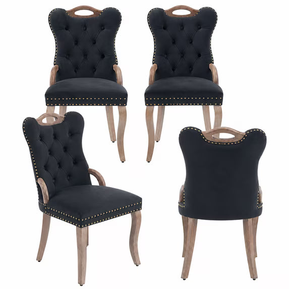 PAPROOS Dining Chair Set of 4, Velvet Upholstered Dining Chairs with Handmade Tufted Trim, Solid Rubberwood Legs and Vintage Copper Nailhead Details, Wingback Design, Gray