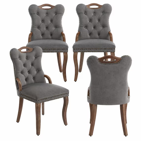 PAPROOS Dining Chair Set of 4, Velvet Upholstered Dining Chairs with Handmade Tufted Trim, Solid Rubberwood Legs and Vintage Copper Nailhead Details, Wingback Design, Gray