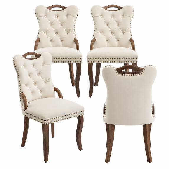 PAPROOS Dining Chair Set of 4, Velvet Upholstered Dining Chairs with Handmade Tufted Trim, Solid Rubberwood Legs and Vintage Copper Nailhead Details, Wingback Design, Gray