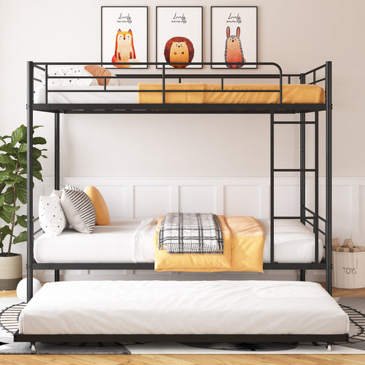 Paproos Full Over Full Bunk Bed with Trundle, Convertible Metal Platform Bed with Ladder and Full-Length Guardrail, Black