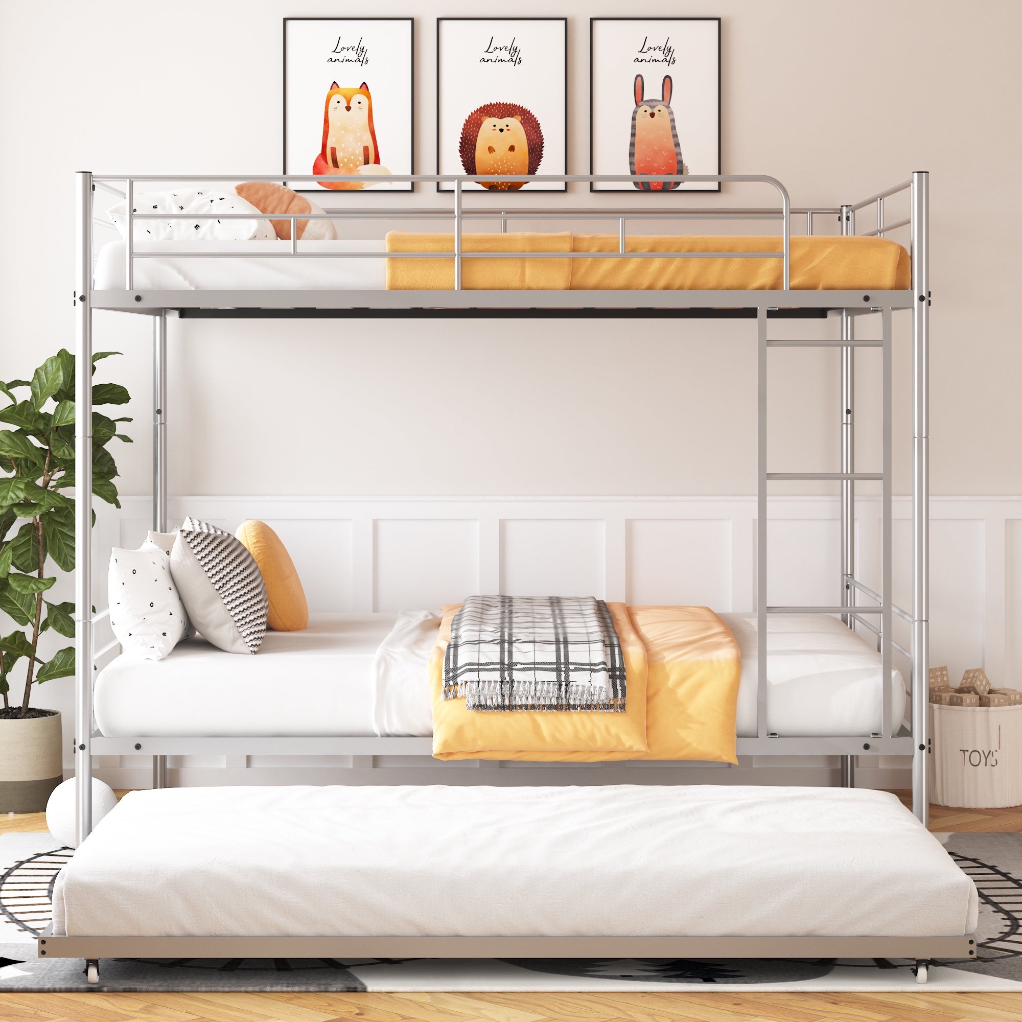 Paproos Full Over Full Bunk Bed with Trundle, Convertible Metal Platform Bed with Ladder and Full-Length Guardrail, Black