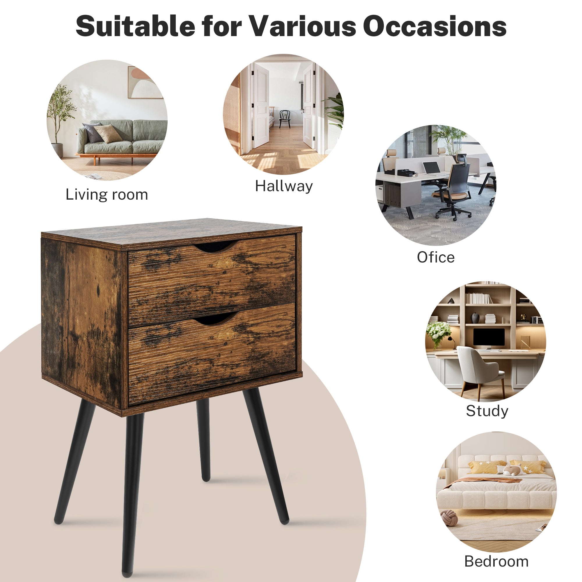 Nightstands Set of 2, Bedroom Bedside Table with 2 Drawers Storage, Country Style Night End Table with Large Storage Space, Suitable for Living Room Bedroom, Rustic Brown