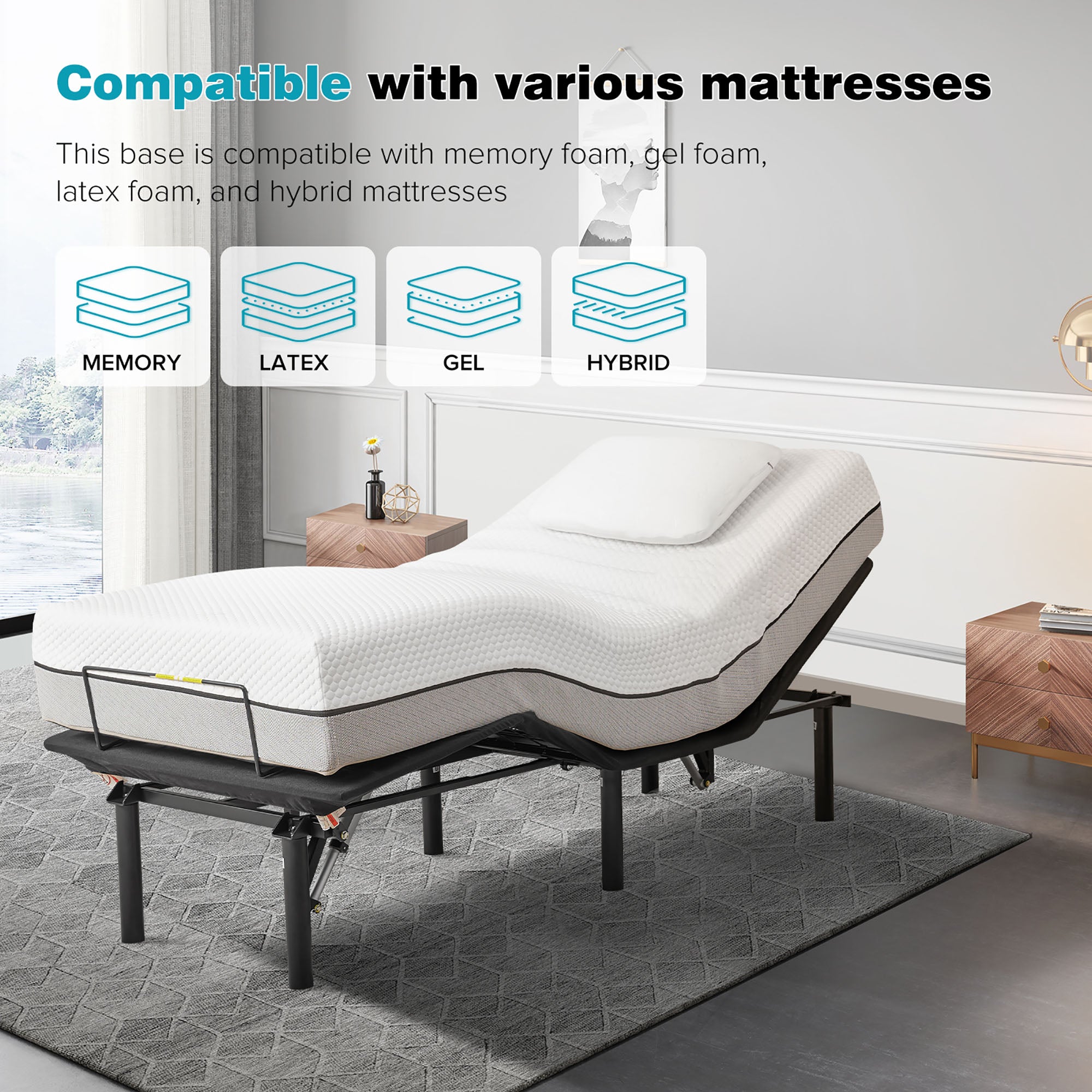 Power Adjustable Bed Base Frame, Metal Electric Bed Frame with Independent Head and Foot Incline, Modern Adjustable Platform Bed with Wired Control, Zero Gravity, Easy Assembly, Twin-XL