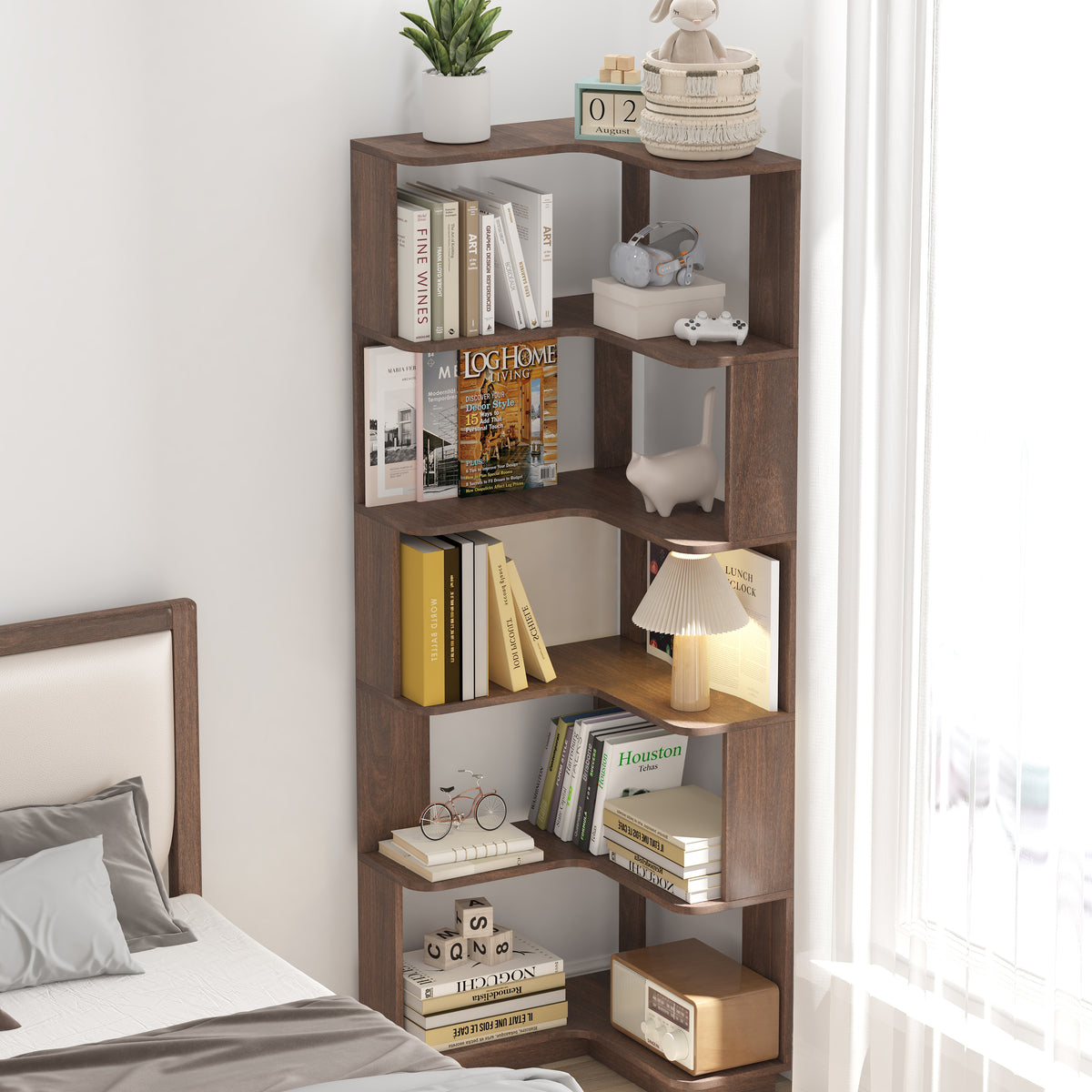 PAPROOS Corner Bookshelf, 6 Tier L-Shaped Corner Bookcase, Freestanding Wooden Open Storage Display Shelf with Anti-Tip Kit, Corner Shelf for Living Room, Bedroom, Home Office, Dark Brown