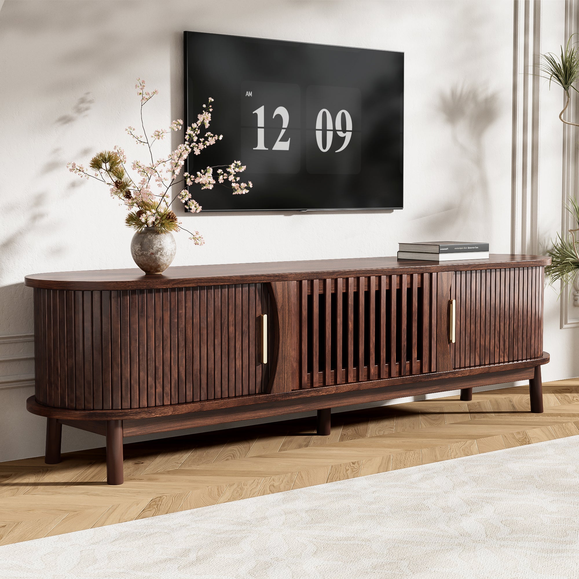 PAPROOS TV Stand for TVs Up to 55", Herringbone Wood Media Console with Doors and Adjustable Shelves, Vintage Entertainment Center for Living Room, Walnut