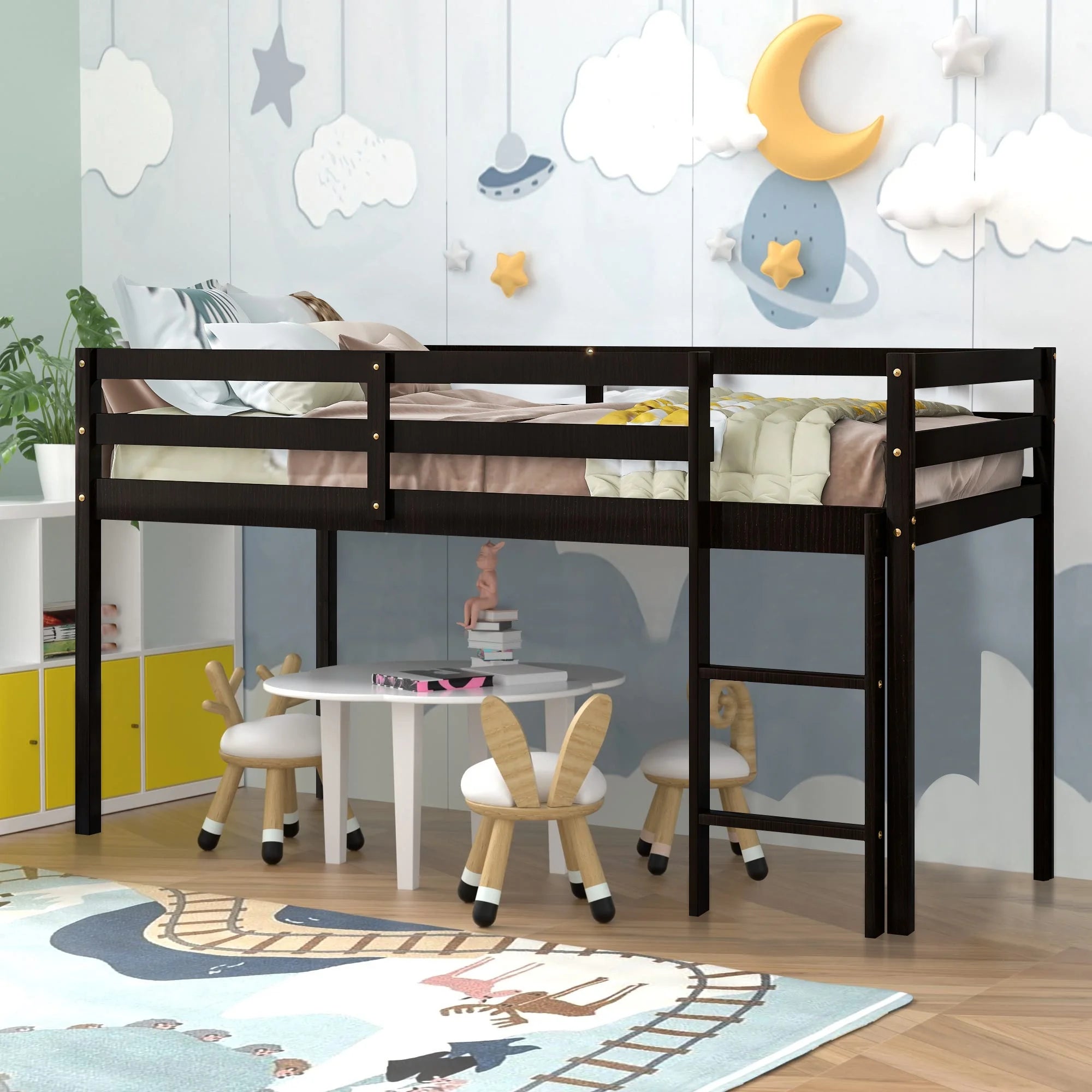 PAPROOS Solid Wood Twin-Size Low Loft Bed with Ladder, White