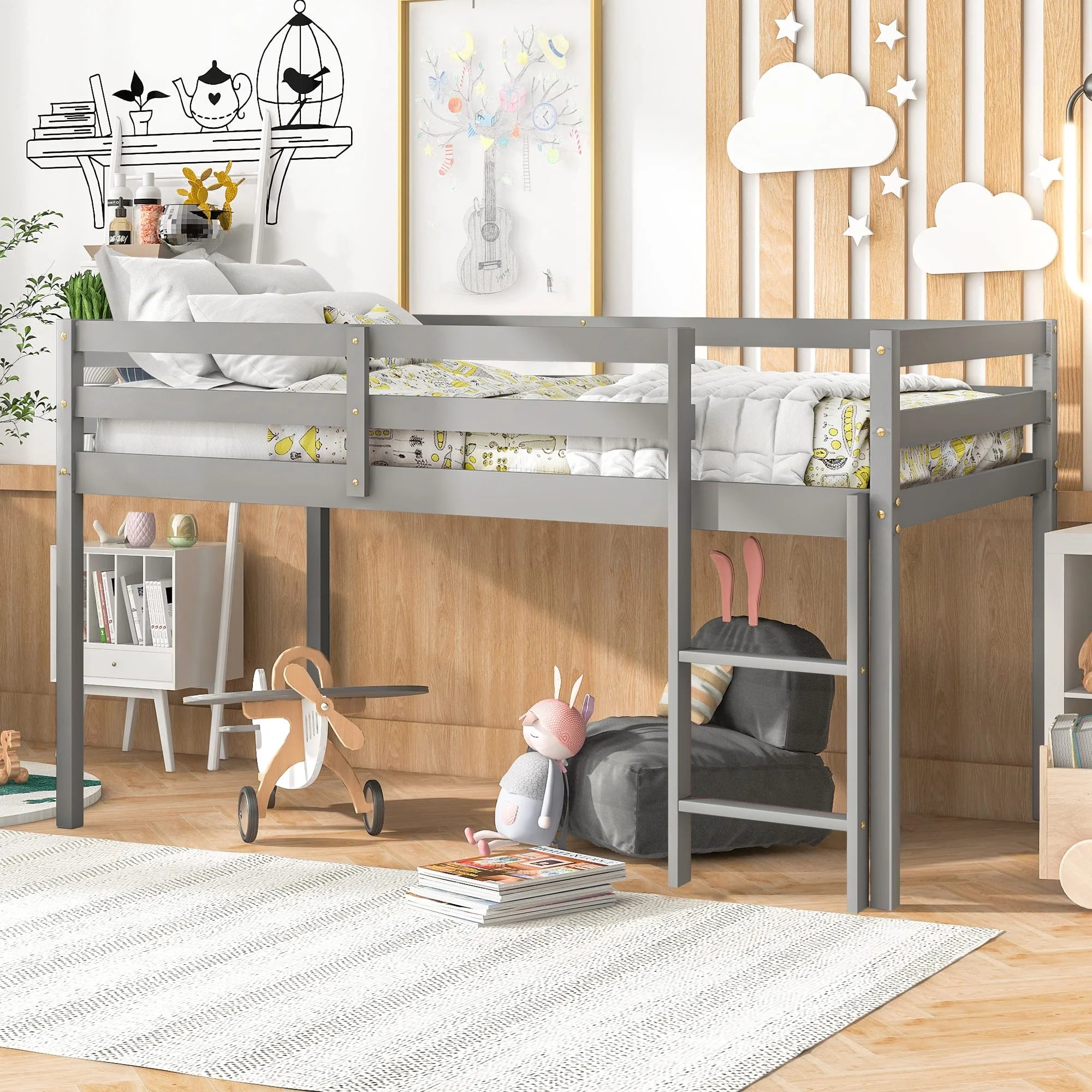 PAPROOS Solid Wood Twin-Size Low Loft Bed with Ladder, White