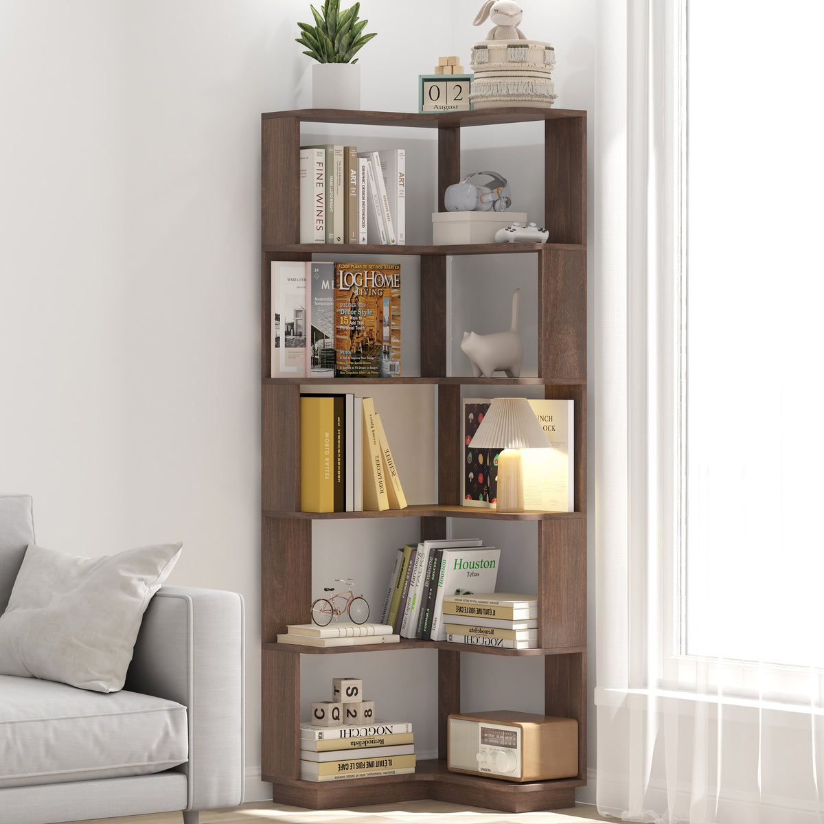 PAPROOS Corner Bookshelf, 6 Tier L-Shaped Corner Bookcase, Freestanding Wooden Open Storage Display Shelf with Anti-Tip Kit, Corner Shelf for Living Room, Bedroom, Home Office, Dark Brown