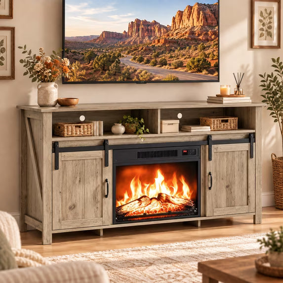 PAPROOS 58" Farmhouse Fireplace TV Stand with 23" Electric Fireplace, Sliding Barn Doors Entertainment Center with Adjustable Storage Shelves, Rustic Brown