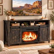 PAPROOS 58" Farmhouse Fireplace TV Stand with 23" Electric Fireplace, Sliding Barn Doors Entertainment Center with Adjustable Storage Shelves, Rustic Brown