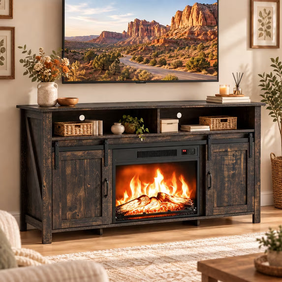 PAPROOS 58" Farmhouse Fireplace TV Stand with 23" Electric Fireplace, Sliding Barn Doors Entertainment Center with Adjustable Storage Shelves, Rustic Brown