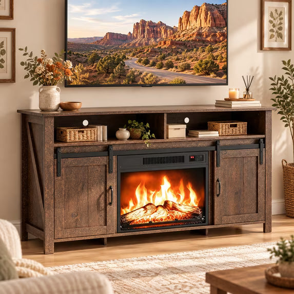 PAPROOS 58" Farmhouse Fireplace TV Stand with 23" Electric Fireplace, Sliding Barn Doors Entertainment Center with Adjustable Storage Shelves, Rustic Brown