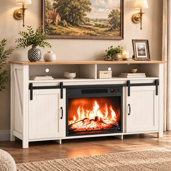 PAPROOS 58" Farmhouse Fireplace TV Stand with 23" Electric Fireplace, Sliding Barn Doors Entertainment Center with Adjustable Storage Shelves, Rustic Brown
