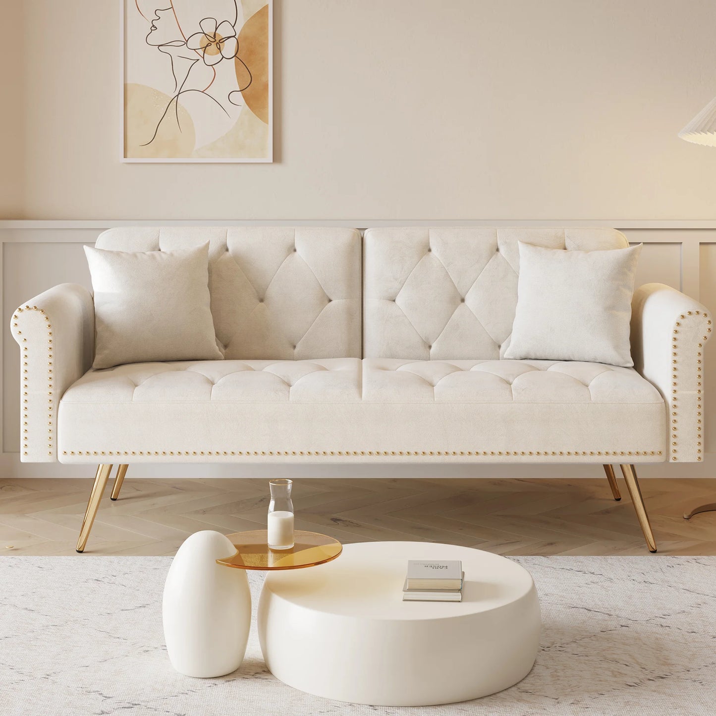 paprsso Convertible Velvet Futon Sofa Bed, Modern Loveseat Sleeper Sofa Couch with 3 Adjustable Positions and Two Pillows, Suitable for Living Room, Bedroom, Small Space (White)