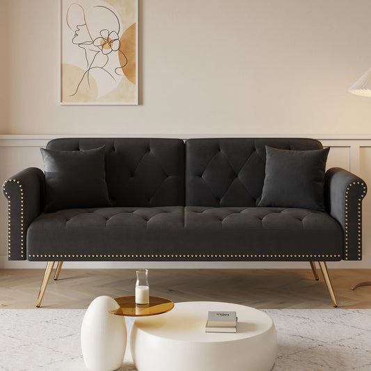 PAPROOS Black Sofa Sleeper Couch, Loveseat Sofa with Pillows, Comfy Upholstered Deep Seat Sofa for Bedroom,Living Room,Apartment,Office,Dorm