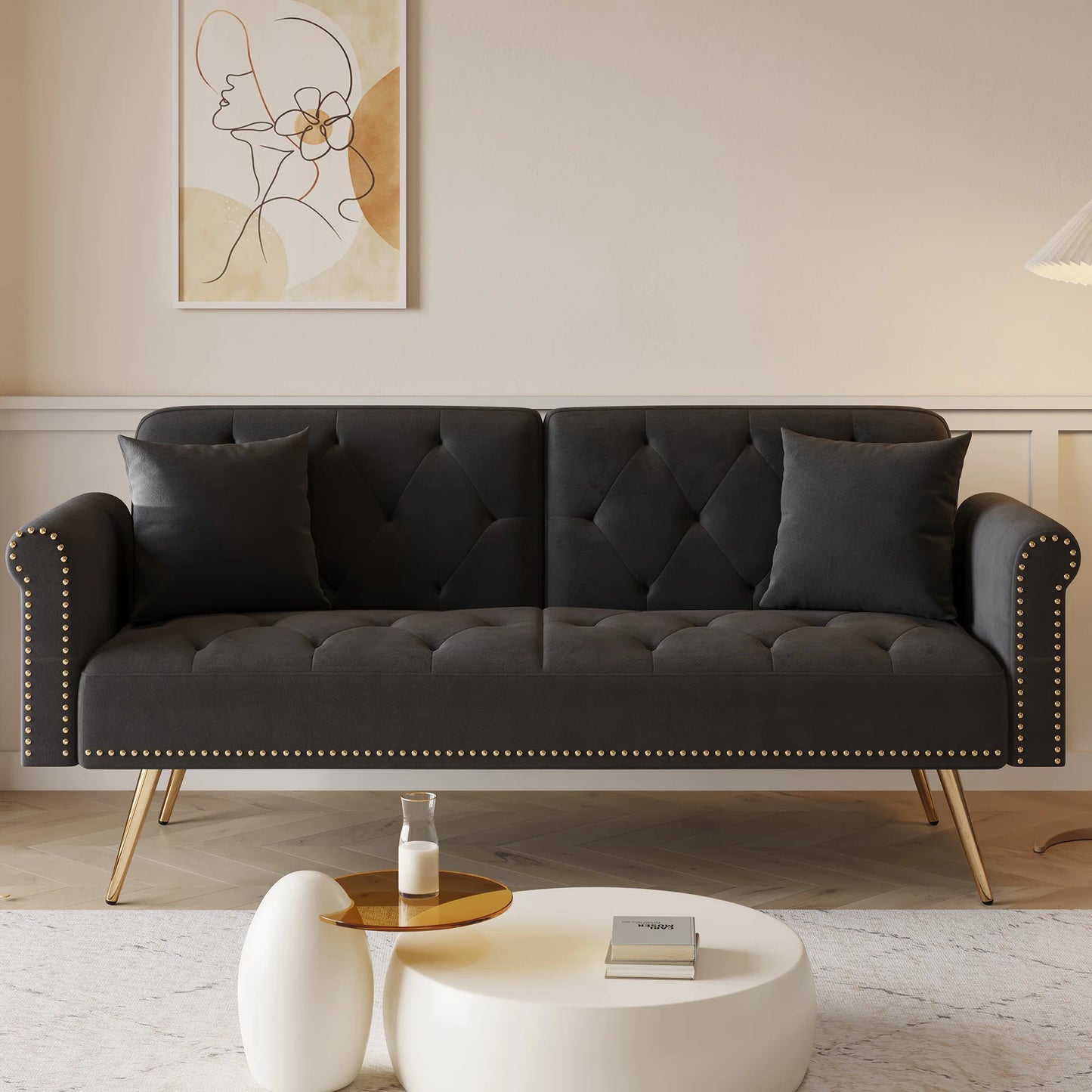 paprsso Convertible Velvet Futon Sofa Bed, Modern Loveseat Sleeper Sofa Couch with 3 Adjustable Positions and Two Pillows, Suitable for Living Room, Bedroom, Small Space (White)