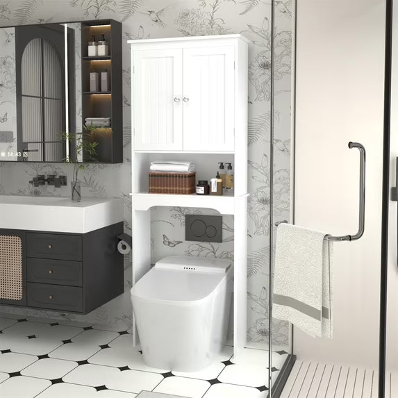 PAPROOS Bathroom Storage Toilet Space Saver with Shelves and Doors, Modern Over The Toilet Space Saver Organization Wood Storage Cabinet for Home, Bathroom, White