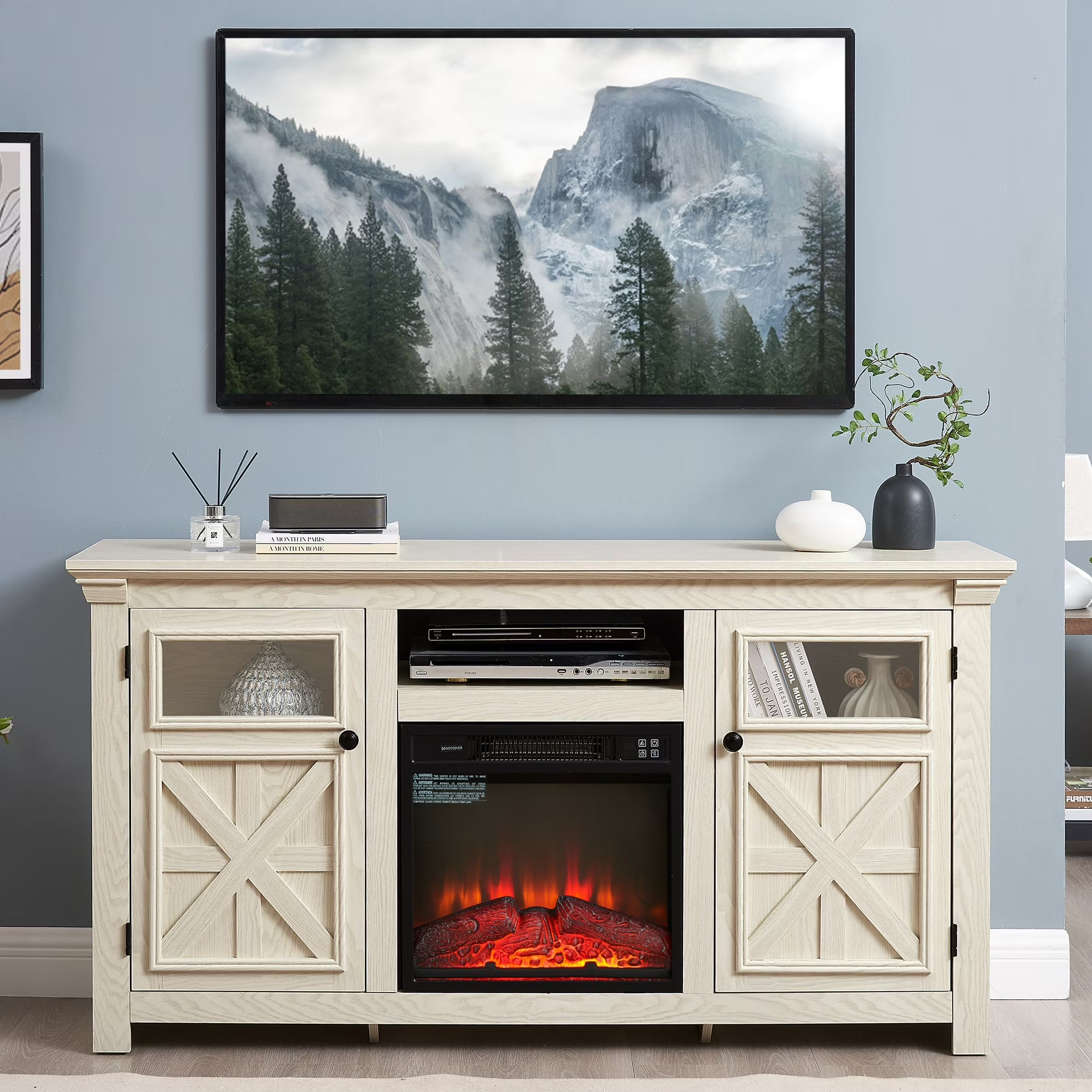 PAPROOS Electric Fireplace TV Stand with Barn Doors for 65" TV, Farmhouse Entertainment Center With Fireplace for Living Room, Wood Media Console with Cabinet and Shelves, White
