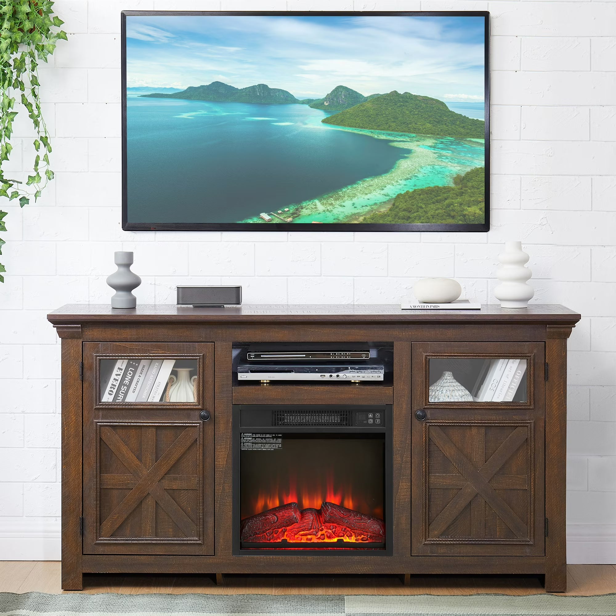 PAPROOS Electric Fireplace TV Stand with Barn Doors for 65" TV, Farmhouse Entertainment Center With Fireplace for Living Room, Wood Media Console with Cabinet and Shelves, White