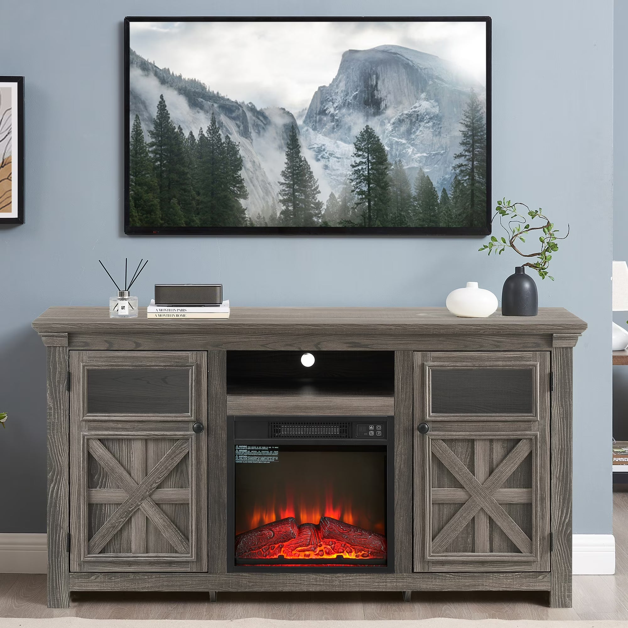PAPROOS Electric Fireplace TV Stand with Barn Doors for 65" TV, Farmhouse Entertainment Center With Fireplace for Living Room, Wood Media Console with Cabinet and Shelves, White