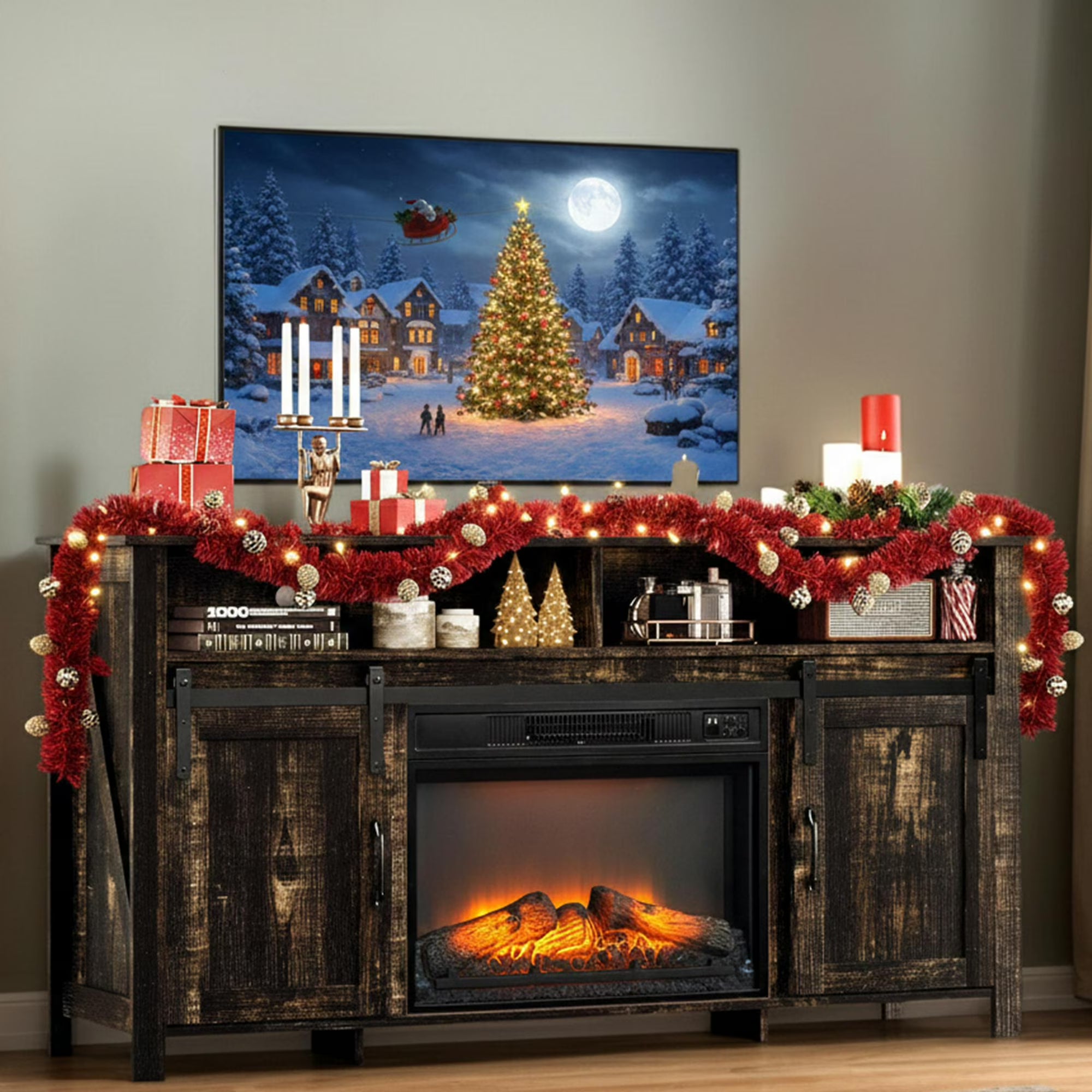 PAPROOS Fireplace TV Stand for 65 in TV, TV Stand with Storage Shelves, Entertainment Center for Living Room Bedroom, White+Brown