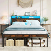 PAPROOS Full Size Bed Frame with Charging Station and LED Light, Metal Platform Bed with Under Bed Storage, No Box Spring Needed, Easy Assembly, Black