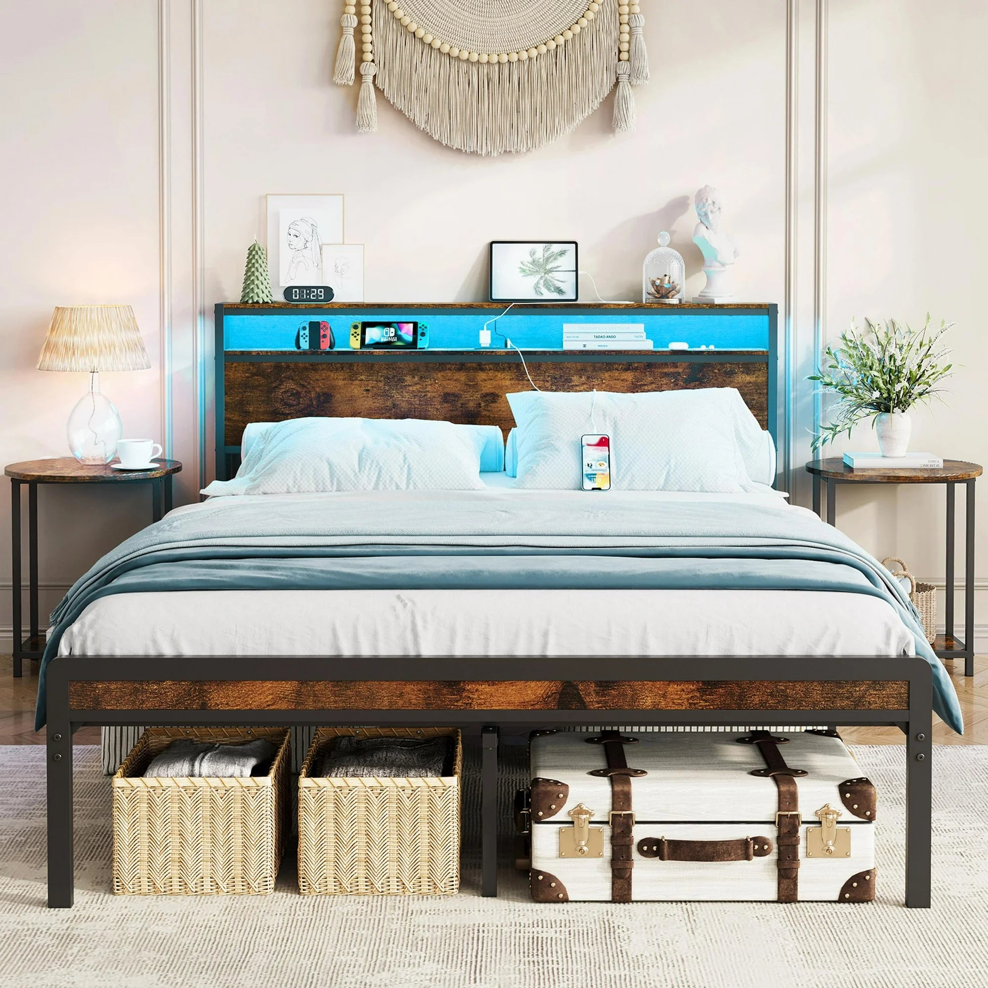 PAPROOS Full Size Bed Frame with Charging Station and LED Light, Metal Platform Bed with Under Bed Storage, No Box Spring Needed, Easy Assembly, Black
