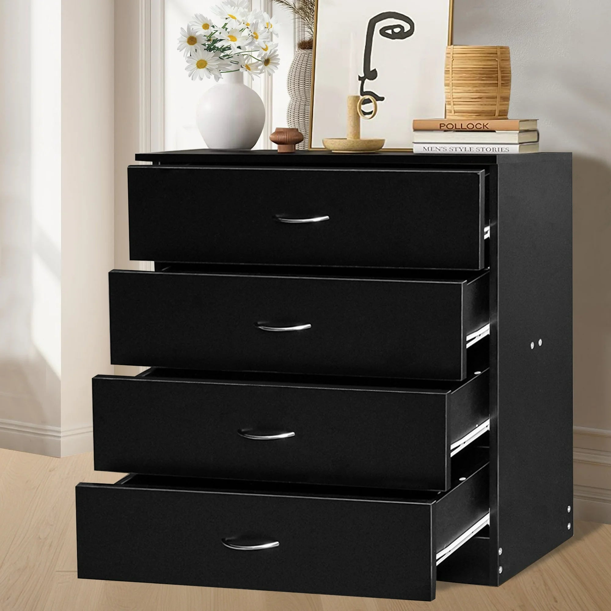 PAPROOS Modern White 4 Drawer Dresser, Chest of Drawers for Bedroom, Storage Cabinet Nightstand Dresser Organizer Unit with Handle for Living Room, Closet, Hallway