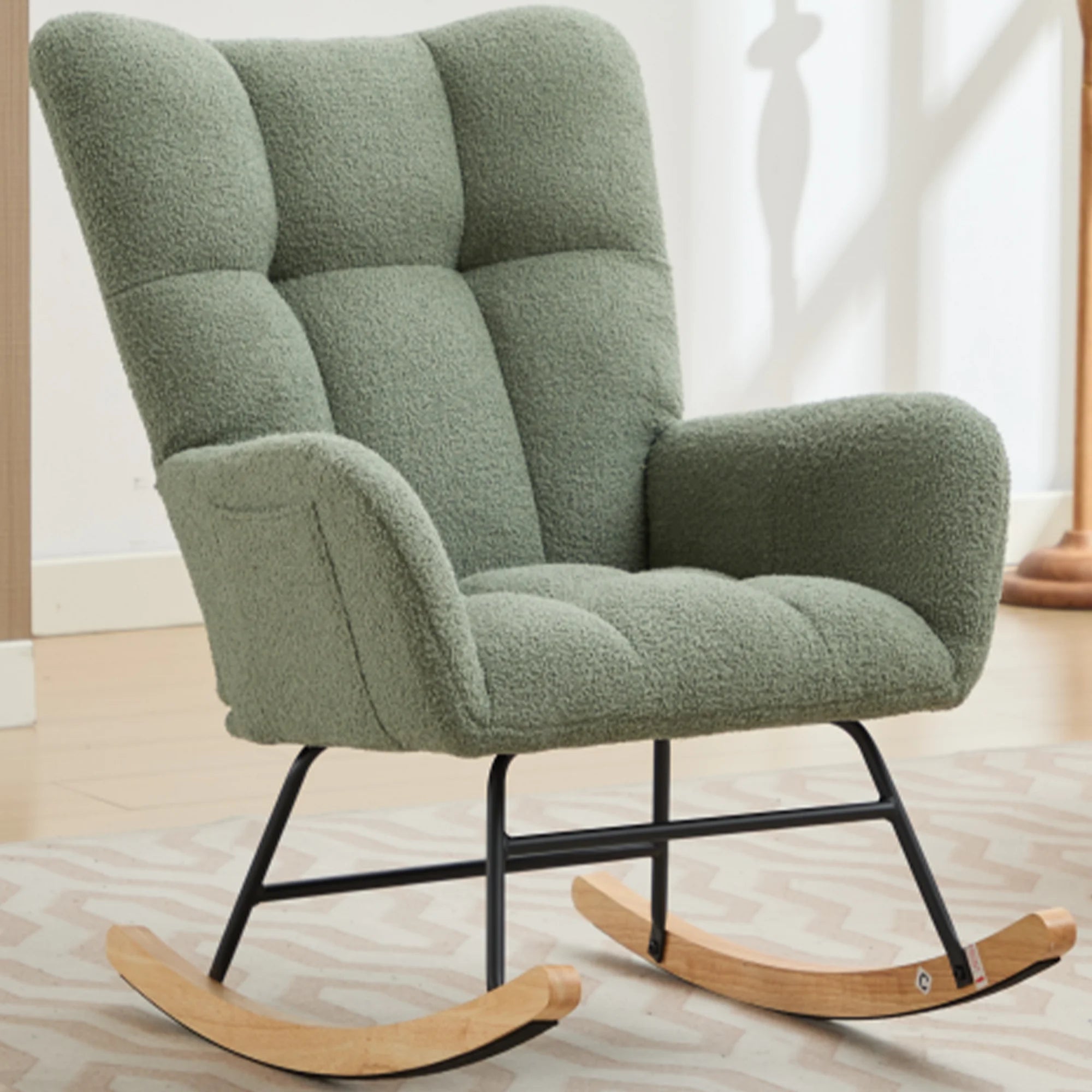 PAPROOS Modern Teddy Fabric Rocking Chair, Accent Rocker Chair with High Backrest for Nursery, Accent Glider Rocker for Living Room Bedroom Playroom, Pink