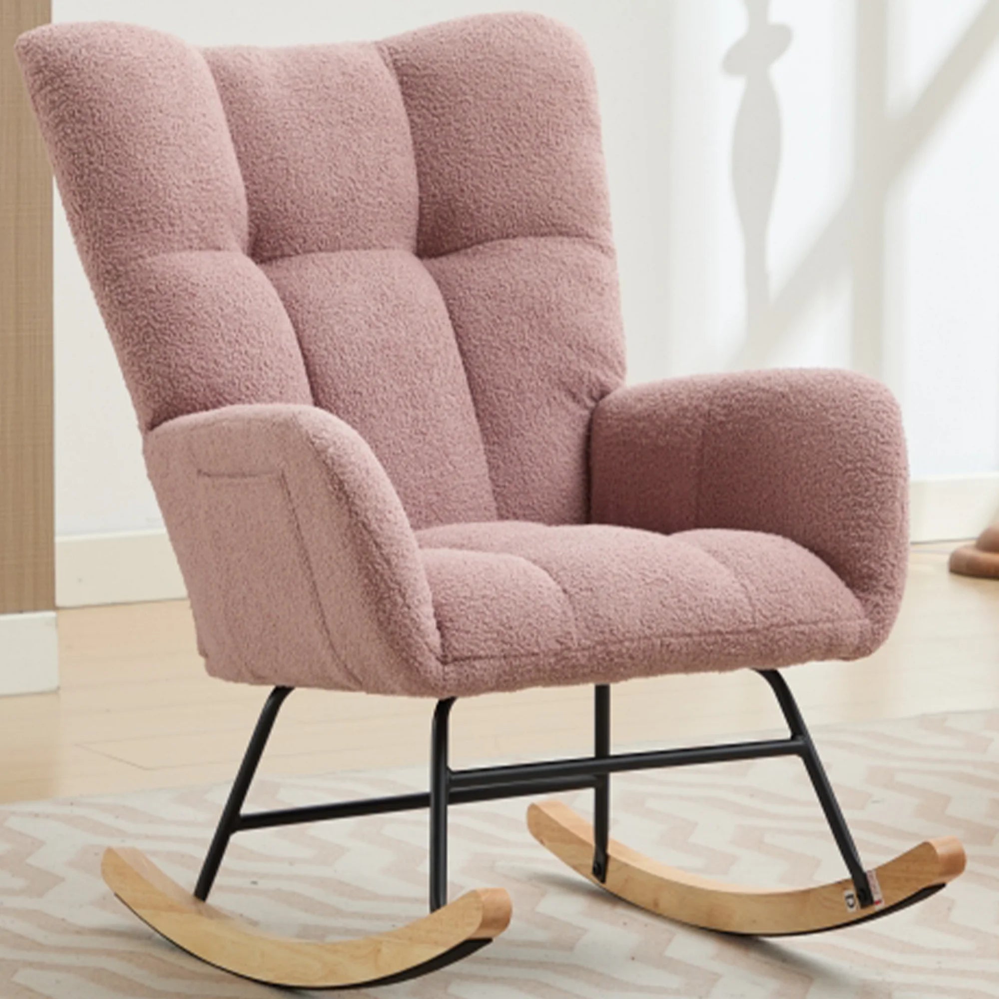 PAPROOS Modern Teddy Fabric Rocking Chair, Accent Rocker Chair with High Backrest for Nursery, Accent Glider Rocker for Living Room Bedroom Playroom, Pink
