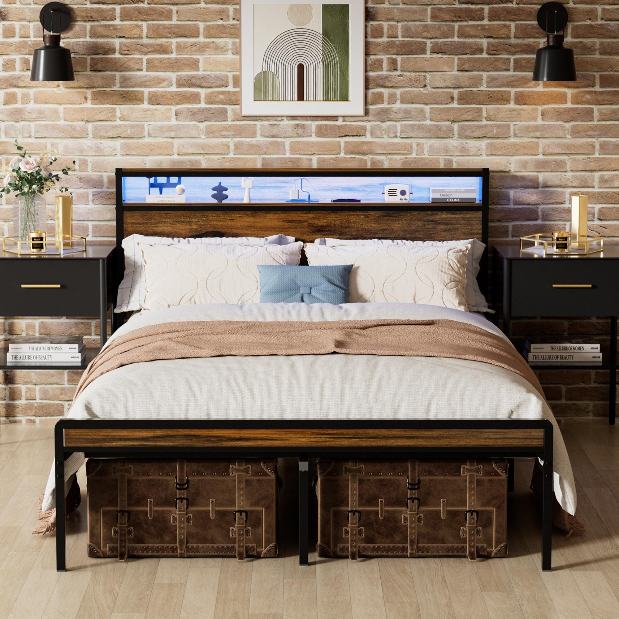 PAPROOS Full Size Bed Frame with Charging Station and LED Light, Metal Platform Bed with Under Bed Storage, No Box Spring Needed, Easy Assembly, Black