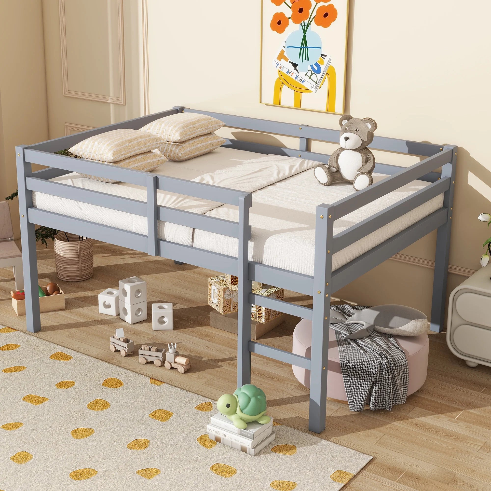PAPROOS Solid Wood Twin-Size Low Loft Bed with Ladder, White